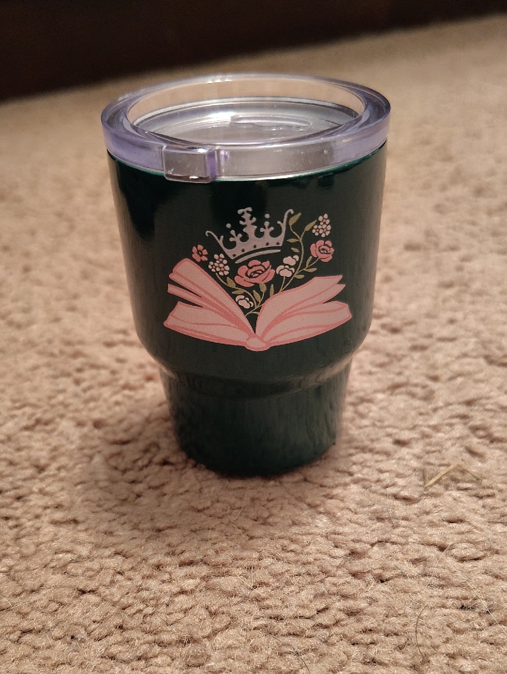 Green Insulated Tiny Tumbler with Pink Book & Floral Crest